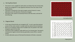 a. Herring Bone Bond:
• This bond is more suitable for walls which are thicker than four bricks thick.
Bricks are arranged 45° in two opposite directions from the center of the
wall thickness.
• The bond is introduced in the wall at regular vertical interval. In every
alternate course the direction of bricks are changed.
• The bond is also used for ornamental finish to the face work, and also for
brick flooring.
b. Diagonal Bond:
• In this type of bond bricks are arranged at 45° in such a way that extreme
corners of the series remain in contact with the external line of stretchers.
• Brick cut to triangular shapes and of suitable sizes are packed in the small
triangular spaces at the ends.
• This bond is best suitable for walls which are 2 to 4 bricks thick. The bond is
introduced at regular vertical interval, generally at every fifth or seventh
course.
• In every alternate course of the bond the direction of bricks is reversed.
Herring Bone Bond
Diagonal Bond
13
 