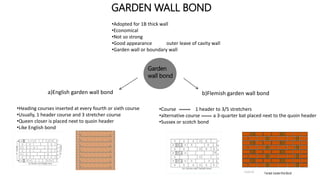 GARDEN WALL BOND
•Adopted for 1B thick wall
•Economical
•Not so strong
•Good appearance outer leave of cavity wall
•Garden wall or boundary wall
Garden
wall bond
a)English garden wall bond b)Flemish garden wall bond
14
•Heading courses inserted at every fourth or sixth course
•Usually, 1 header course and 3 stretcher course
•Queen closer is placed next to quoin header
•Like English bond
•Course 1 header to 3/5 stretchers
•alternative course a 3-quarter bat placed next to the quoin header
•Sussex or scotch bond
 