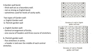 3.Garden wall bond:
- thick wall act as a boundary wall.
- not so strong as English bond.
- sometimes used for levels of cavity walls.
Two types of Garden wall-
a. English Garden wall
b. Flemish garden wall
a. English Garden wall:
- General arrangement of bricks.
- one course of headers and three course of stretchers.
b. Flemish garden wall:
- five stretchers in series.
- a header is laid over the middle of each central
stretches.
 