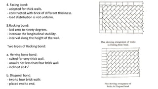 4. Facing bond:
- adopted for thick walls.
- constructed with brick of different thickness.
- load distribution is not uniform.
5.Racking bond:
- laid zero to ninety degrees.
- increase the longitudinal stability.
- interval along the height of the wall.
Two types of Racking bond:
a. Herring bone bond:
- suited for very thick wall.
- usually not less than four brick wall.
- inclined at 45°
b. Diagonal bond:
- two to four brick walls
- placed end to end.
 