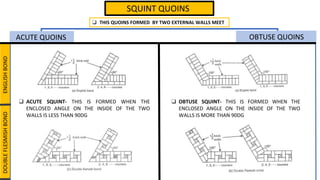 SQUINT QUOINS
ACUTE QUOINS OBTUSE QUOINS
❑ THIS QUOINS FORMED BY TWO EXTERNAL WALLS MEET
❑ ACUTE SQUINT- THIS IS FORMED WHEN THE
ENCLOSED ANGLE ON THE INSIDE OF THE TWO
WALLS IS LESS THAN 90DG
❑ OBTUSE SQUINT- THIS IS FORMED WHEN THE
ENCLOSED ANGLE ON THE INSIDE OF THE TWO
WALLS IS MORE THAN 90DG
ENGLISH
BOND
DOUBLE
FLESMISH
BOND
 