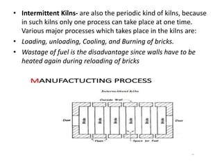 • Intermittent Kilns- are also the periodic kind of kilns, because
in such kilns only one process can take place at one time.
Various major processes which takes place in the kilns are:
• Loading, unloading, Cooling, and Burning of bricks.
• Wastage of fuel is the disadvantage since walls have to be
heated again during reloading of bricks
 