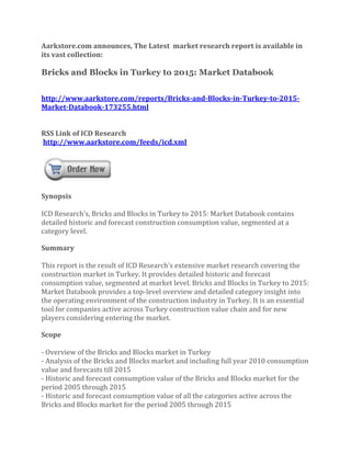 Aarkstore.com announces, The Latest market research report is available in
its vast collection:

Bricks and Blocks in Turkey to 2015: Market Databook


http://www.aarkstore.com/reports/Bricks-and-Blocks-in-Turkey-to-2015-
Market-Databook-173255.html


RSS Link of ICD Research
http://www.aarkstore.com/feeds/icd.xml




Synopsis

ICD Research’s, Bricks and Blocks in Turkey to 2015: Market Databook contains
detailed historic and forecast construction consumption value, segmented at a
category level.

Summary

This report is the result of ICD Research’s extensive market research covering the
construction market in Turkey. It provides detailed historic and forecast
consumption value, segmented at market level. Bricks and Blocks in Turkey to 2015:
Market Databook provides a top-level overview and detailed category insight into
the operating environment of the construction industry in Turkey. It is an essential
tool for companies active across Turkey construction value chain and for new
players considering entering the market.

Scope

- Overview of the Bricks and Blocks market in Turkey
- Analysis of the Bricks and Blocks market and including full year 2010 consumption
value and forecasts till 2015
- Historic and forecast consumption value of the Bricks and Blocks market for the
period 2005 through 2015
- Historic and forecast consumption value of all the categories active across the
Bricks and Blocks market for the period 2005 through 2015
 