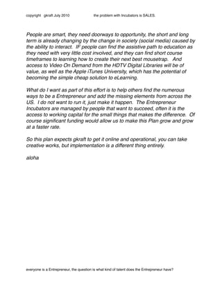 copyright gkraft July 2010               the problem with Incubators is SALES.




People are smart, they need doorways to opportunity, the short and long
term is already changing by the change in society (social media) caused by
the ability to interact. IF people can ﬁnd the assistive path to education as
they need with very little cost involved, and they can ﬁnd short course
timeframes to learning how to create their next best mousetrap. And
access to Video On Demand from the HDTV Digital Libraries will be of
value, as well as the Apple iTunes University, which has the potential of
becoming the simple cheap solution to eLearning.

What do I want as part of this effort is to help others ﬁnd the numerous
ways to be a Entrepreneur and add the missing elements from across the
US. I do not want to run it, just make it happen. The Entrepreneur
Incubators are managed by people that want to succeed, often it is the
access to working capital for the small things that makes the difference. Of
course signiﬁcant funding would allow us to make this Plan grow and grow
at a faster rate.

So this plan expects gkraft to get it online and operational, you can take
creative works, but implementation is a different thing entirely.

aloha




everyone is a Entrepreneur, the question is what kind of talent does the Entrepreneur have?
 