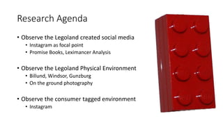 Research Agenda
• Observe the Legoland created social media
• Instagram as focal point
• Promise Books, Leximancer Analysis
• Observe the Legoland Physical Environment
• Billund, Windsor, Gunzburg
• On the ground photography
• Observe the consumer tagged environment
• Instagram
 