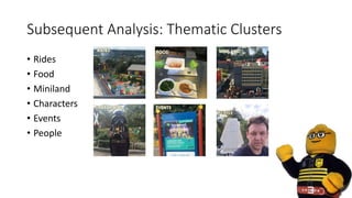 Subsequent Analysis: Thematic Clusters
• Rides
• Food
• Miniland
• Characters
• Events
• People
 