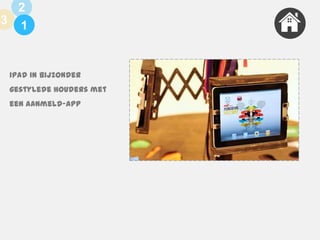 2
3 1

iPad in bijzonder

gestylede houders met
een aanmeld-app

 