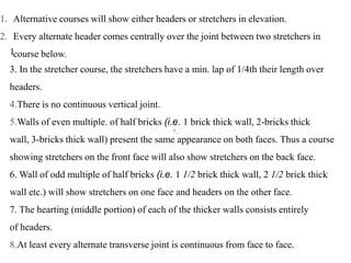 Q,
1
3. In the stretcher course, the stretchers have a min. lap of 1/4th their length over
headers.
4.There is no continuous vertical joint.
5.Walls of even multiple. of half bricks (i.e. 1 brick thick wall, 2-bricks thick
wall, 3-bricks thick wall) present the same appearance on both faces. Thus a course
showing stretchers on the front face will also show stretchers on the back face.
6. Wall of odd multiple of half bricks (i.e. 1 1/2 brick thick wall, 2 1/2 brick thick
wall etc.) will show stretchers on one face and headers on the other face.
7. The hearting (middle portion) of each of the thicker walls consists entirely
of headers.
8.At least every alternate transverse joint is continuous from face to face.
1. Alternative courses will show either headers or stretchers in elevation.
2. Every alternate header comes centrally over the joint between two stretchers in
course below.
 