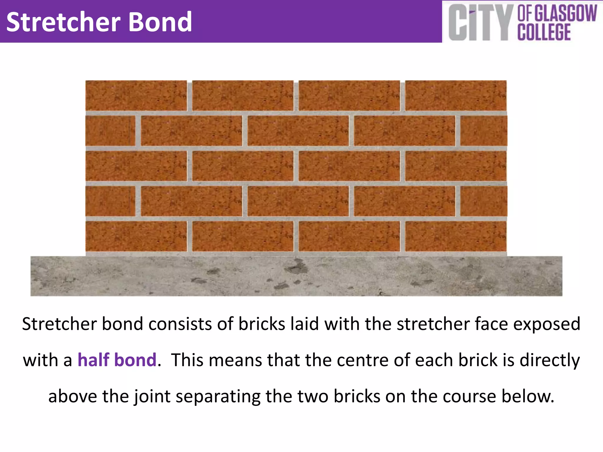 Stretcher Bond




 Stretcher bond consists of bricks laid with the stretcher face exposed
 with a half bond. This means that the centre of each brick is directly
    above the joint separating the two bricks on the course below.
 