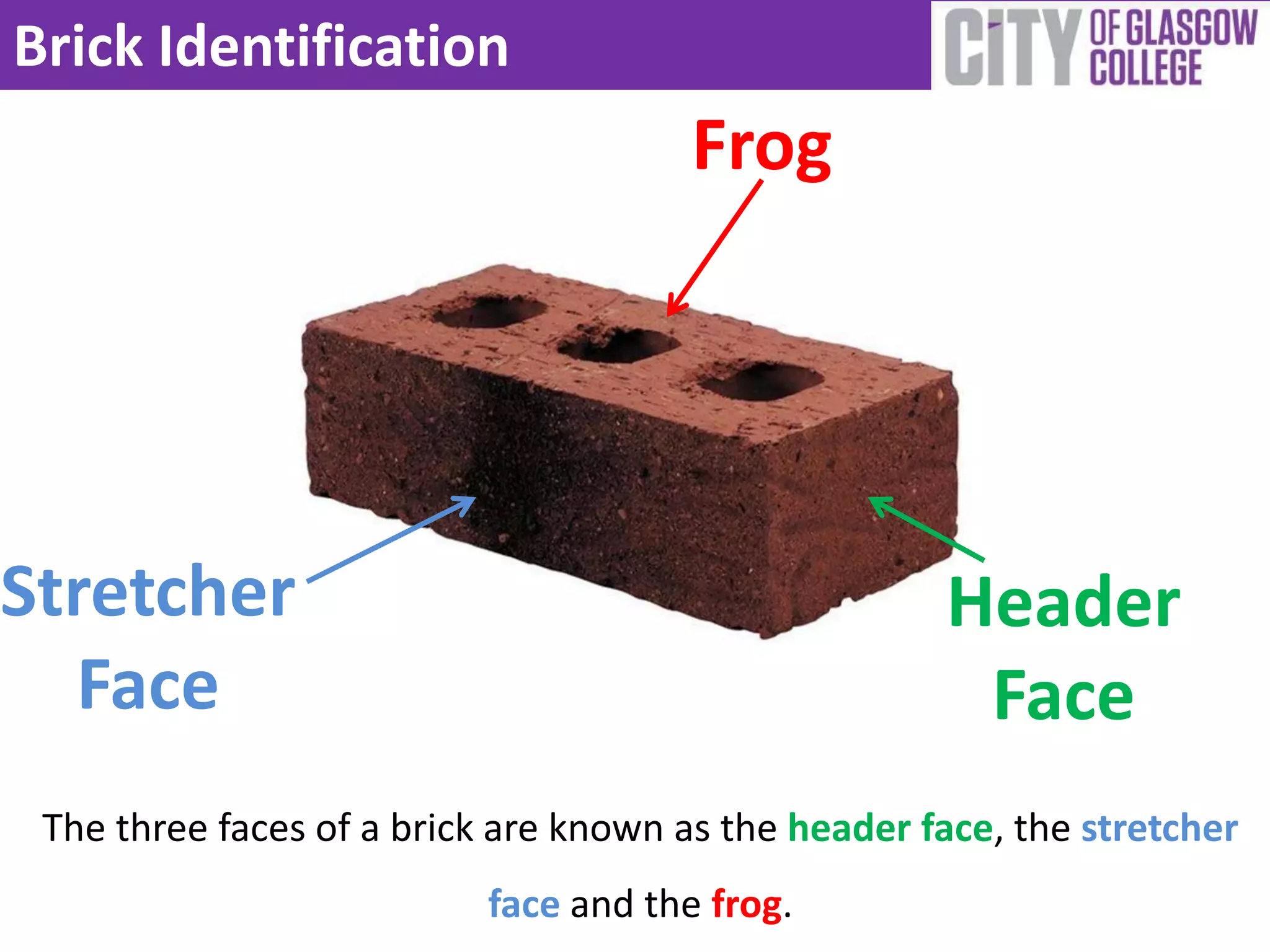 Brick Identification
                                       Frog




Stretcher                                            Header
  Face                                                Face
 The three faces of a brick are known as the header face, the stretcher
                           face and the frog.
 
