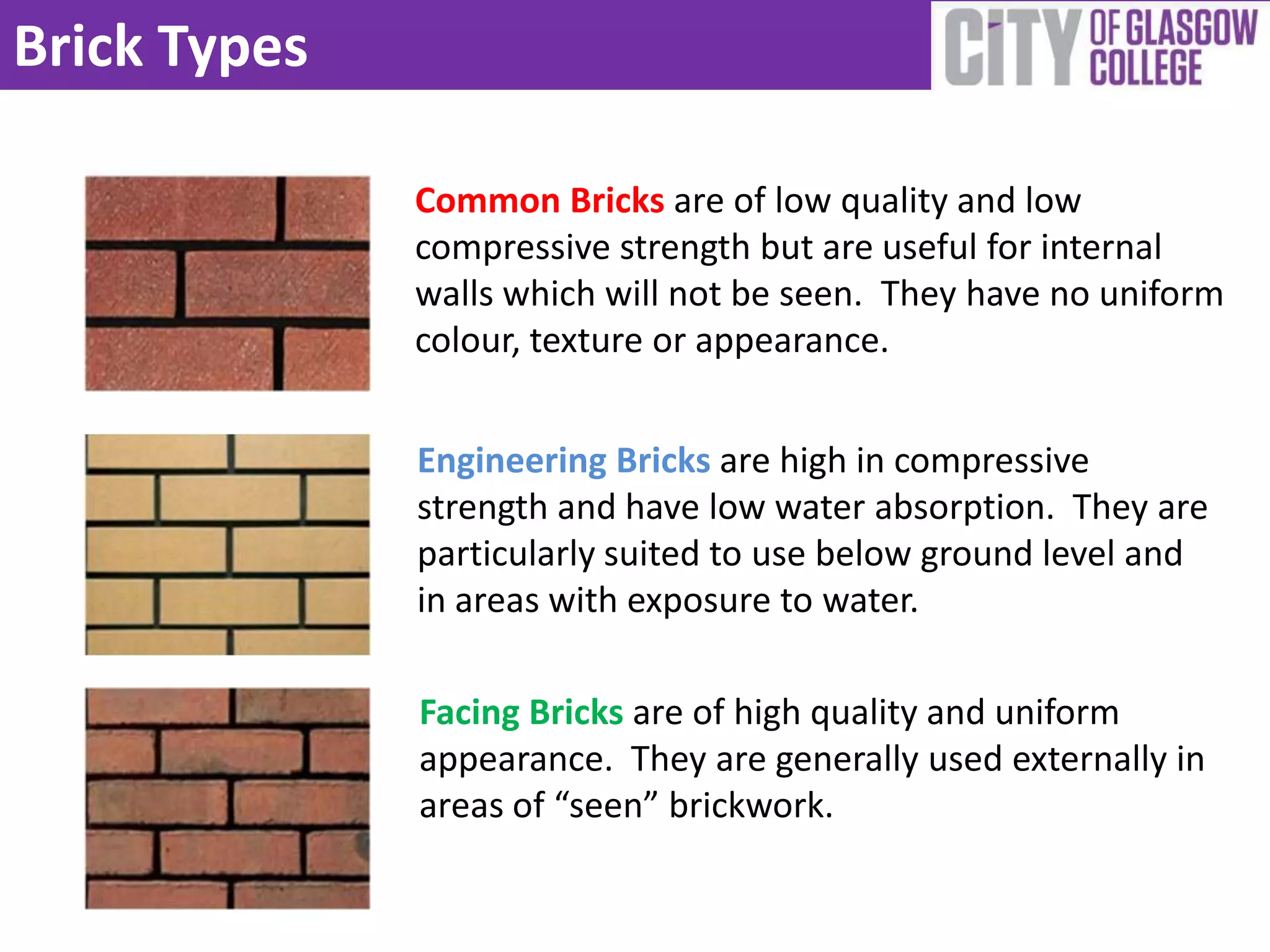 Brick Types

              Common Bricks are of low quality and low
              compressive strength but are useful for internal
              walls which will not be seen. They have no uniform
              colour, texture or appearance.


              Engineering Bricks are high in compressive
              strength and have low water absorption. They are
              particularly suited to use below ground level and
              in areas with exposure to water.

              Facing Bricks are of high quality and uniform
              appearance. They are generally used externally in
              areas of “seen” brickwork.
 