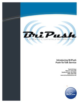 Information Technology Solutions




                         Introducing BriPush
                        Push-To-Talk Service


                                        Park 80 West
                                   Plaza II, Suite 200
                             Saddle Brook, NJ 07663
                                      (866) 499-4790
                            www.bricomsolutions.net




                                     By
 