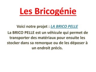 Les Bricogénie
Voici notre projet : LA BRICO PELLE
La BRICO PELLE est un véhicule qui permet de
transporter des matériaux pour ensuite les
stocker dans sa remorque ou de les déposer à
un endroit précis.
 