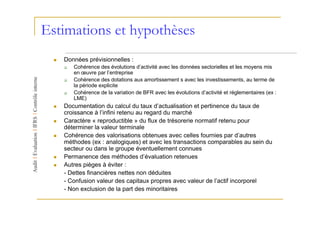 Estimations et hypothèses
   Données prévisionnelles :
      Cohérence des évolutions d’activité avec les données sectorielles et les moyens mis
      en œuvre par l’entreprise
      Cohérence des dotations aux amortissement s avec les investissements, au terme de
      la période explicite
      Cohérence de la variation de BFR avec les évolutions d’activité et réglementaires (ex :
      LME)
   Documentation du calcul du taux d’actualisation et pertinence du taux de
   croissance à l’infini retenu au regard du marché
   Caractère « reproductible » du flux de trésorerie normatif retenu pour
   déterminer la valeur terminale
   Cohérence des valorisations obtenues avec celles fournies par d’autres
   méthodes (ex : analogiques) et avec les transactions comparables au sein du
   secteur ou dans le groupe éventuellement connues
   Permanence des méthodes d’évaluation retenues
   Autres pièges à éviter :
   - Dettes financières nettes non déduites
   - Confusion valeur des capitaux propres avec valeur de l’actif incorporel
   - Non exclusion de la part des minoritaires
 