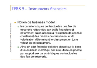IFRS 9 – Instruments financiers


   Notion de business model :
    les caractéristiques contractuelles des flux de
    trésorerie rattachées aux actifs financiers et
    notamment l’aléa associé à l’existence de ces flux
    constituent des critères de classement et de
    valorisation déterminant le classement en juste
    valeur ou en coût amorti.
    Ainsi un actif financier doit être classé sur la base
    d’un business model qui doit être utilisé en priorité
    par rapport aux caractéristiques contractuelles
    des flux de trésorerie.
 