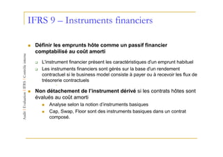 IFRS 9 – Instruments financiers

 Définir les emprunts hôte comme un passif financier
 comptabilisé au coût amorti
   L'instrument financier présent les caractéristiques d'un emprunt habituel
   Les instruments financiers sont gérés sur la base d'un rendement
   contractuel si le business model consiste à payer ou à recevoir les flux de
   trésorerie contractuels

 Non détachement de l’instrument dérivé si les contrats hôtes sont
 évalués au coût amorti
      Analyse selon la notion d’instruments basiques
      Cap, Swap, Floor sont des instruments basiques dans un contrat
      composé.
 
