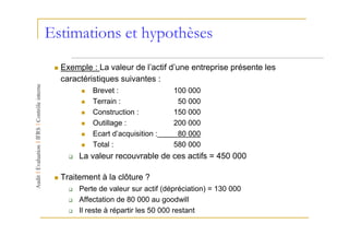 Estimations et hypothèses
  Exemple : La valeur de l’actif d’une entreprise présente les
  caractéristiques suivantes :
           Brevet :                 100 000
           Terrain :                 50 000
           Construction :           150 000
           Outillage :              200 000
           Ecart d’acquisition :     80 000
           Total :                  580 000
       La valeur recouvrable de ces actifs = 450 000

  Traitement à la clôture ?
       Perte de valeur sur actif (dépréciation) = 130 000
       Affectation de 80 000 au goodwill
       Il reste à répartir les 50 000 restant
 