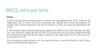 BRICS, letra por letra
BRASIL
El país más grande de América del Sur cuenta con una población de 193,7 millones de
habitantes, de la cual el 26 % se encuentra por debajo de la línea de pobreza. El
tamaño de la fuerza laboral es de 95,21 millones y tiene una tasa de desempleo del
7,4 %.
El PBI medido según paridad del poder adquisitivo (PPA) es de 2,024 billones de U$S,
con una renta per cápita de U$S 10.200. Su deuda externa asciende al 46,8 % del PBI
y la composición de este último según sectores es de: agricultura 6,5 %; industria 25,8
%; servicios 67,7 %.
Sus principales exportaciones son las manufacturas, mineral de hierro, café, frutas,
soja y otros productos agrícolas.
 