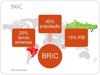 BRIC 
BRIC 
20% 
terras 
emersas 
40% 
população 
15% PIB 
Prof. Paulo Dantas 
 