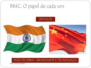 BRIC: O papel de cada um 
SERVIÇOS 
MÃO DE OBRA ABUNDANTE E TECNOLOGIA 
Prof. Paulo Dantas 
 