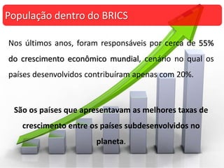 Nos últimos anos, foram responsáveis por cerca de 55%
do crescimento econômico mundial, cenário no qual os
países desenvolvidos contribuíram apenas com 20%.
São os países que apresentavam as melhores taxas de
crescimento entre os países subdesenvolvidos no
planeta.
População dentro do BRICS
 