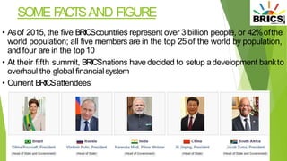 SOME FACTSAND FIGURE
• Asof 2015, the five BRICScountries represent over 3 billion people, or 42%ofthe
world population; all five members are in the top 25 of the world by population,
and four are in the top10
• At their fifth summit, BRICSnations have decided to setup adevelopment bankto
overhaul the global financialsystem
• Current BRICSattendees
 