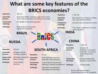 What are some key features of the
BRICS economies?
BRAZIL
RUSSIA CHINA
INDIA
SOUTH AFRICA
Population 201 mln
Exportable
pr...