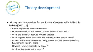 Theory development
• History and perspectives for the future (Compare with Poikela &
Poikela (2012,12)
• Refers to people´s action and context
• How and by whom was the educational system constructed?
• What did the infrastructure look like before?
• What legends about education and learning do the people share?
• Are Finnish teacher autonomy, safety, school success, equality, welfare,
functionality true in Finland
• How did they become into existence?
• Are they there also in the future?
 