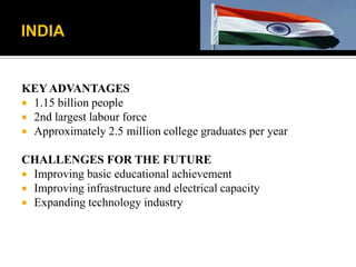 KEY ADVANTAGES
 1.15 billion people
 2nd largest labour force
 Approximately 2.5 million college graduates per year
CHALLENGES FOR THE FUTURE
 Improving basic educational achievement
 Improving infrastructure and electrical capacity
 Expanding technology industry
 