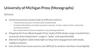 University of Michigan Press (Monographs)
Defiance
● University presses tend to look to different metrics:
○ Financial (across press, not necessarily at book level)
○ Academic/disciplinary prestige/reputation (awards, reviews, repeat authors, attracting
prominent authors)
○ Use and persistence (course adoptions, new printings/editions)
● Mapping the Free eBook Supply Chain study of OA ebook usage revealed that--
as presses have long known--usage is “spiky” and unpredictable.
● Altmetric Explorer pilot sheds light on long-term engagement with books,
syllabus citations
● Lots of data from many sources, but difficult to analyze and share meaningfully
 