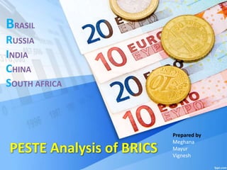 PESTE Analysis of BRICS
BRASIL
RUSSIA
INDIA
CHINA
SOUTH AFRICA
Prepared by
Meghana
Mayur
Vignesh
 