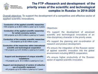 The FTP «Research and development of the
priority areas of the scientific and technological
complex in Russia» in 2014-2020
Overall objective: To support the development of a competitive and effective sector of
applied scientific innovations.
Objectives:
To support the development of advanced
scientific and technological innovations of an
inter-disciplinary character in the priority areas.
To support the planning and co-ordination of
research and product development.
To ensure the integration of the Russian sector
of applied scientific innovation into the global
environment including BRICS cooperation.
To ensure higher productivity of the Russian
sector of applied scientific innovation.
Conduction of the applied scientific researches
~400 projects up to $0.6 million a year/ up to 3 years
Conduction of the applied scientific researches
for certain economy sectors
~500 projects up to $0.9 million a year/up to 3 years
Conduction of the complex scientific researches
~30 projects up to $3 million a year
Conduction of the researches within international
scientific and technological cooperation
~130 projects up to $1.5million a year/up to 3 years
Support and development of unique scientific
installations
~15 projects up to $1.5 million a year/up to 3 yrs
Support and development of centers of collective
use of scientific equipment
~40 projects up to $3 million a year/up to 3 years
 