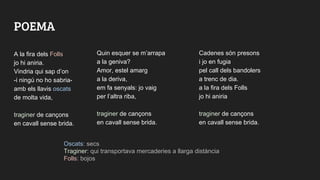 POEMA
A la fira dels Folls
jo hi aniria.
Vindria qui sap d’on
-i ningú no ho sabria-
amb els llavis oscats
de molta vida,
traginer de cançons
en cavall sense brida.
Quin esquer se m’arrapa
a la geniva?
Amor, estel amarg
a la deriva,
em fa senyals: jo vaig
per l’altra riba,
traginer de cançons
en cavall sense brida.
Cadenes són presons
i jo en fugia
pel call dels bandolers
a trenc de dia.
a la fira dels Folls
jo hi aniria
traginer de cançons
en cavall sense brida.
Oscats: secs
Traginer: qui transportava mercaderies a llarga distància
Folls: bojos
 