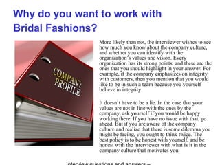 Bridal fashions interview questions and answers