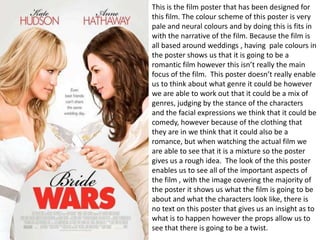 This is the film poster that has been designed for
this film. The colour scheme of this poster is very
pale and neural colours and by doing this is fits in
with the narrative of the film. Because the film is
all based around weddings , having pale colours in
the poster shows us that it is going to be a
romantic film however this isn’t really the main
focus of the film. This poster doesn’t really enable
us to think about what genre it could be however
we are able to work out that it could be a mix of
genres, judging by the stance of the characters
and the facial expressions we think that it could be
comedy, however because of the clothing that
they are in we think that it could also be a
romance, but when watching the actual film we
are able to see that it is a mixture so the poster
gives us a rough idea. The look of the this poster
enables us to see all of the important aspects of
the film , with the image covering the majority of
the poster it shows us what the film is going to be
about and what the characters look like, there is
no text on this poster that gives us an insight as to
what is to happen however the props allow us to
see that there is going to be a twist.
 