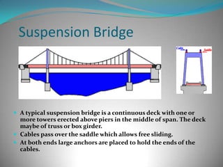 Suspension Bridge
 A typical suspension bridge is a continuous deck with one or
more towers erected above piers in the middle of span. The deck
maybe of truss or box girder.
 Cables pass over the saddle which allows free sliding.
 At both ends large anchors are placed to hold the ends of the
cables.
 