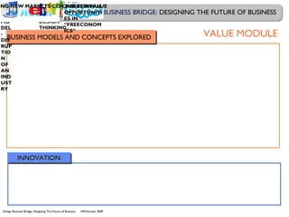 Design Business Bridge: Designing The Future of Business HMcGowan 2009
DESIGN BUSINESS BRIDGE: DESIGNING THE FUTURE OF BUSINESS
INNOVATIONINNOVATION
BUSINESS MODELS AND CONCEPTS EXPLOREDBUSINESS MODELS AND CONCEPTS EXPLORED
BUS
INE
SS
MO
DEL
-
DIS
RUP
TIO
N
OF
AN
IND
UST
RY
OVATION- CUSTOMER IS BOSS
DESIGN
PROCESS,
DESIGN
THINKING
LITY, PRODUCT VS. SERVICETHE REVENUE
OPPORTUNITI
ES IN
“FREECONOM
ICS”
ING NEW MARKETS CO-CREATED VALUE
VALUE MODULE
 