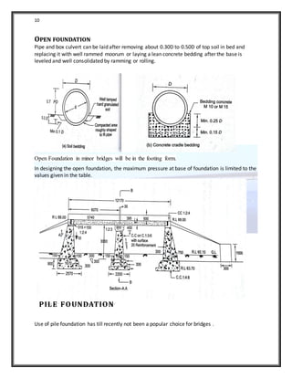 10
OPEN FOUNDATION
Pipe and box culvert can be laid after removing about 0.30D to 0.50D of top soil in bed and
replacing it with well rammed moorum or laying a lean concrete bedding after the base is
leveled and well consolidated by ramming or rolling.
Open Foundation in minor bridges will be in the footing form.
In designing the open foundation, the maximum pressure at base of foundation is limited to the
values given in the table.
PILE FOUNDATION
Use of pile foundation has till recently not been a popular choice for bridges .
 