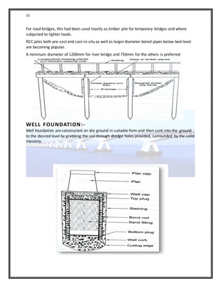 11
For road bridges, this had been used mostly as timber pile for temporary bridges and where
subjected to lighter loads.
RCC piles both pre-cast and cast-in-situ as well as larger diameter bored pipes below bed level
are becoming popular.
A minimum diameter of 1200mm for river bridge and 750mm for the others is preferred
WELL FOUNDATION:-
Well foundation are constructed on dry ground in suitable form and then sunk into the ground
to the desired level by grabbing the soil through dredge holes provided, surrounded by the solid
masonry.
 