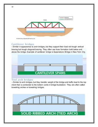 18
Cantilever bridges
– Similar in appearance to arch bridges, but they support their load not trough vertical
bracing but trough diagonal bracing. They often use truss formation both below and
above the bridge. Example of cantilever bridge is Queensboro Bridge in New York City.
Tied arch bridges
– Similar to arch bridges, but they transfer weight of the bridge and traffic load to the top
chord that is connected to the bottom cords in bridge foundation. They are often called
bowstring arches or bowstring bridges.
 