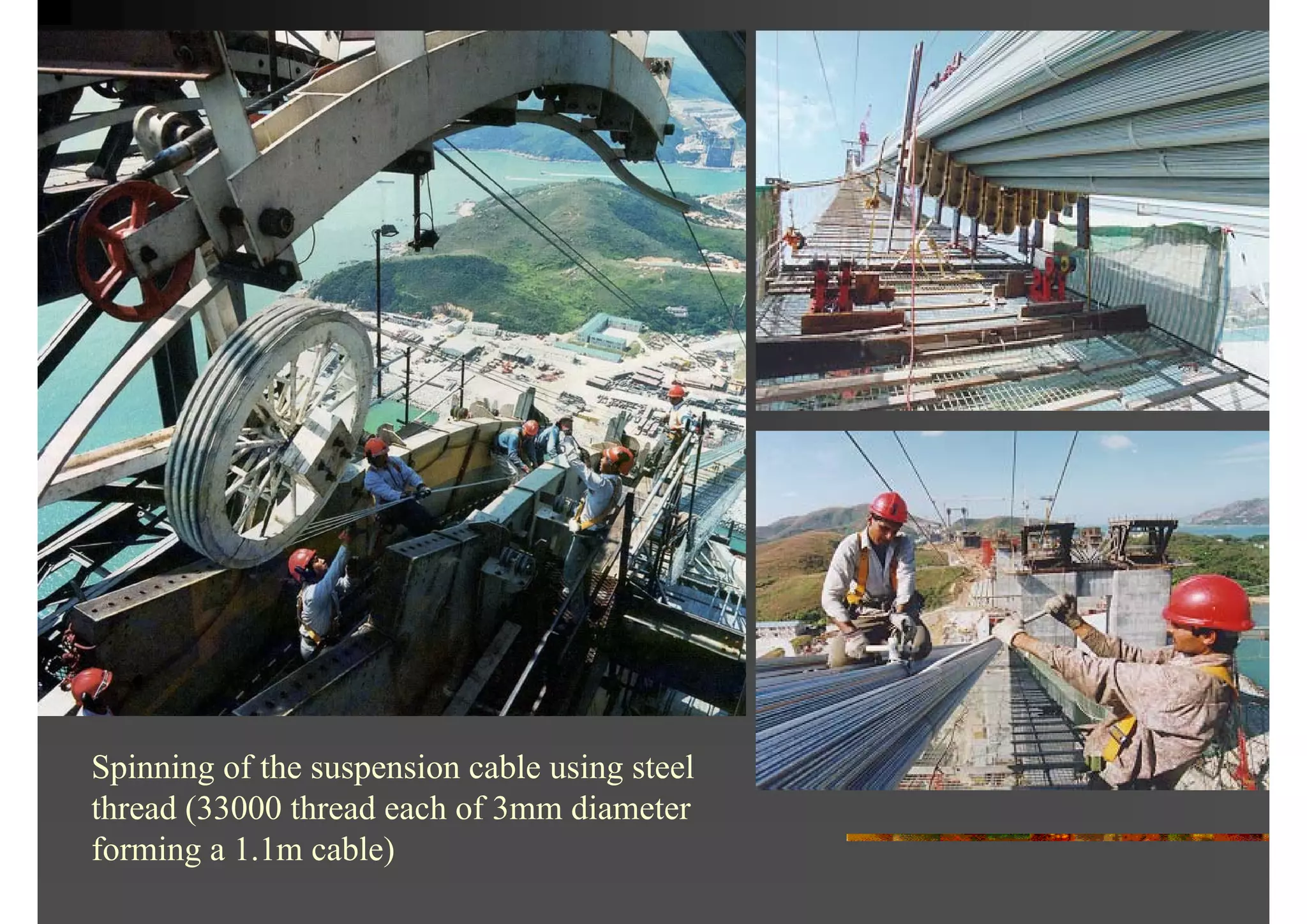 Spinning of the suspension cable using steel
thread (33000 thread each of 3mm diameter
forming a 1.1m cable)
 