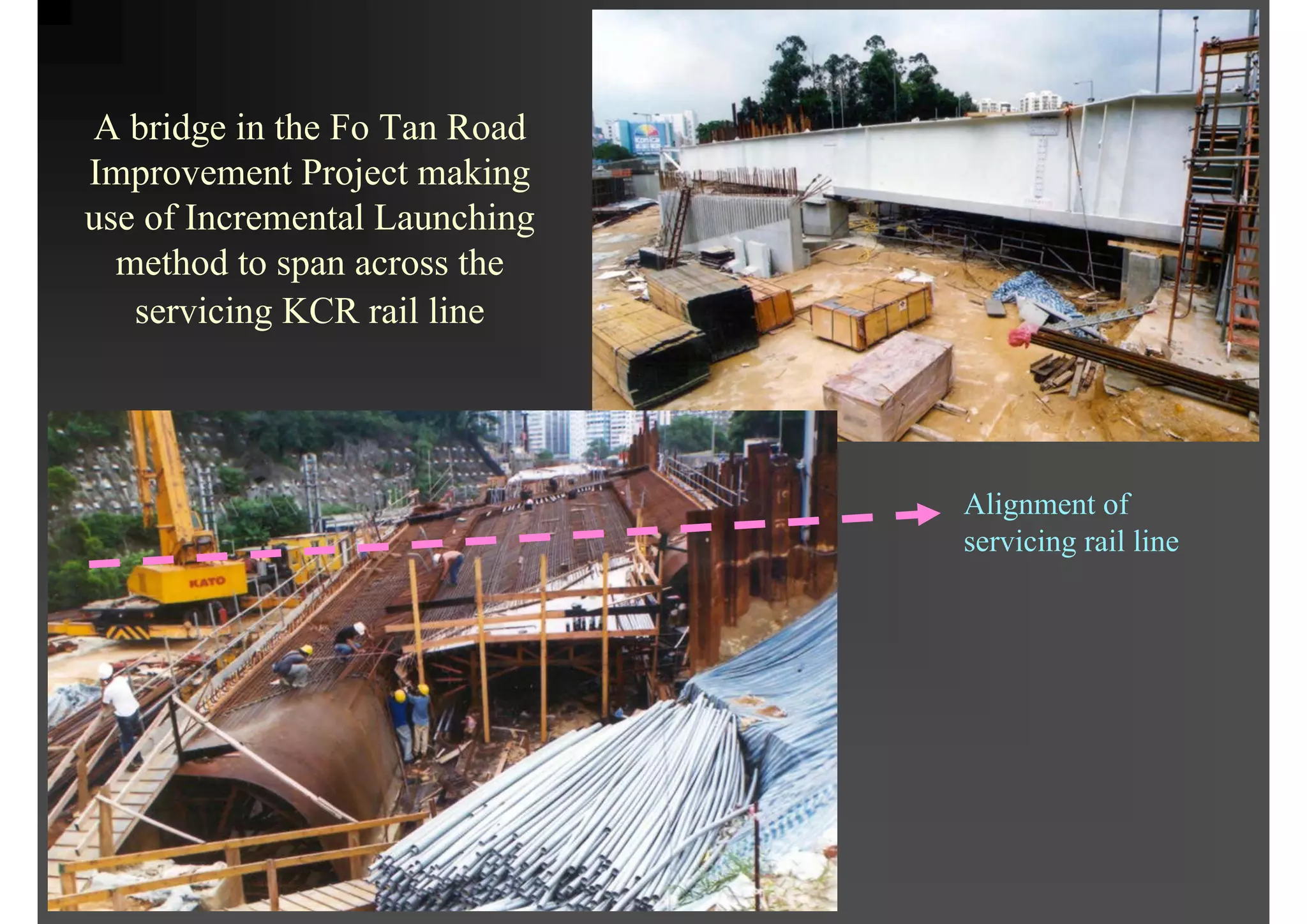 A bridge in the Fo Tan Road
Improvement Project making
use of Incremental Launching
method to span across the
servicing KCR rail line
Alignment of
servicing rail line
 