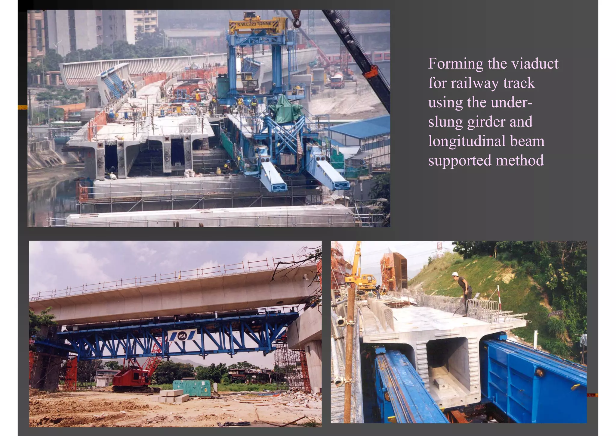 Forming the viaduct
for railway track
using the under-
slung girder and
longitudinal beam
supported method
 