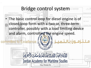 .
Bridge control system
• The basic control loop for diesel engine is of
closed loop form with a two or, three-term
controller, possibly with a load limiting device
and alarm, controlling the engine speed.
Eng. Shawqi Asi
 