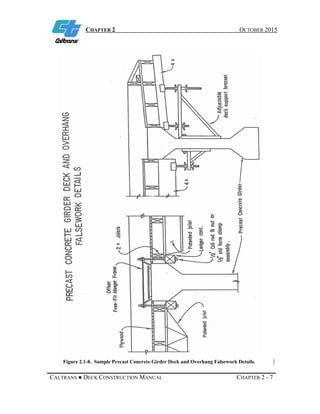 CHAPTER 2 OCTOBER 2015
CALTRANS ● DECK CONSTRUCTION MANUAL CHAPTER 2 - 7
Figure 2.1-8. Sample Precast Concrete Girder Deck and Overhang Falsework Details.
 