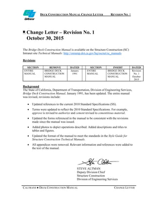 DECK CONSTRUCTION MANUAL CHANGE LETTER REVISION NO. 1
CALTRANS ● DECK CONSTRUCTION MANUAL CHANGE LETTER
Change Letter – Revision No. 1
October 30, 2015
The Bridge Deck Construction Manual is available on the Structure Construction (SC)
Intranet site Technical Manuals: http://onramp.dot.ca.gov/hq/oscnet/sc_manuals
Revisions
SECTION REMOVE DATED SECTION INSERT DATED
ENTIRE
MANUAL
BRIDGE DECK
CONSTRUCTION
MANUAL
January
1991
ENTIRE
MANUAL
BRIDGE DECK
CONSTRUCTION
MANUAL
Revision
No. 1
October
2015
Background
The State of California, Department of Transportation, Division of Engineering Services,
Bridge Deck Construction Manual, January 1991, has been updated. The entire manual
was revised, revisions include:
• Updated references to the current 2010 Standard Specifications (SS).
• Terms were updated to reflect the 2010 Standard Specifications. For example,
approve is revised to authorize and cement revised to cementitious material.
• Updated the forms referenced in the manual to be consistent with the revisions
made since the manual was issued.
• Added photos to depict operations described. Added descriptions and titles to
tables and figures.
• Updated the format of the manual to meet the standards in the Style Guide for
Structure Construction Technical Manuals.
• All appendices were removed. Relevant information and references were added to
the text of the manual.
STEVE ALTMAN
Deputy Division Chief
Structure Construction
Division of Engineering Services
 