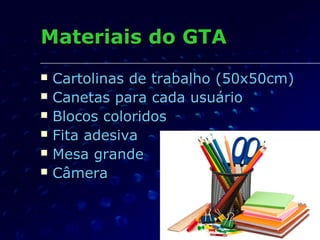 Materiais do GTAMateriais do GTA
 Cartolinas de trabalho (50x50cm)Cartolinas de trabalho (50x50cm)
 Canetas para cada usuárioCanetas para cada usuário
 Blocos coloridosBlocos coloridos
 Fita adesivaFita adesiva
 Mesa grandeMesa grande
 CâmeraCâmera
 