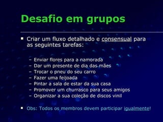 Desafio em gruposDesafio em grupos
 Criar um fluxo detalhado eCriar um fluxo detalhado e consensualconsensual parapara
as seguintes tarefas:as seguintes tarefas:
– Enviar flores para a namoradaEnviar flores para a namorada
– Dar um presente de dia das mãesDar um presente de dia das mães
– Trocar o pneu do seu carroTrocar o pneu do seu carro
– Fazer uma feijoadaFazer uma feijoada
– Pintar a sala de estar da sua casaPintar a sala de estar da sua casa
– Promover um churrasco para seus amigosPromover um churrasco para seus amigos
– Organizar a sua coleção de discos vinilOrganizar a sua coleção de discos vinil
 Obs: Todos os membros devem participarObs: Todos os membros devem participar igualmenteigualmente!!
 