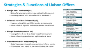 5
Strategies & Functions of Liaison Offices
• Foreign Direct Investment (FDI)
• National programs promoting resources to a...
