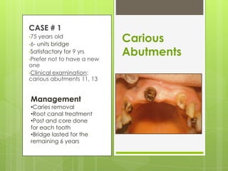 CASE # 1
•75 years old
•6- units bridge
                            Carious
•Satisfactory for 9 yrs
•Prefer not to have a new
                            Abutments
one
•Clinical examination:
carious abutments 11, 13


Management
•Caries removal
•Root canal treatment
•Post and core done
for each tooth
•Bridge lasted for the
remaining 6 years
 